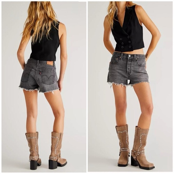 Levi's Premium 501 High Waisted Distressed Black Jean Denim Summer Shorts - Picture 1 of 13